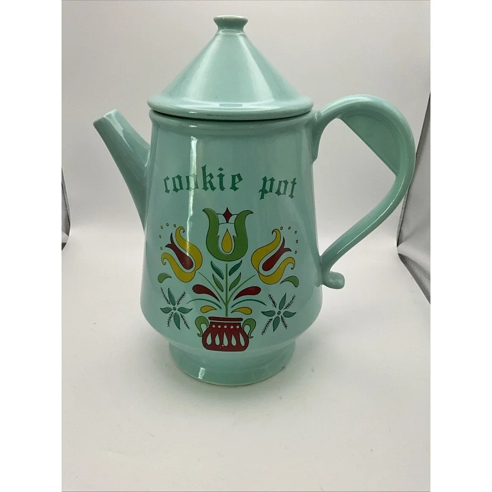 Vintage Cookie Pot Coffee Pot Cookie Jar Turquoise Blue Lidded Dutch Tulips 12